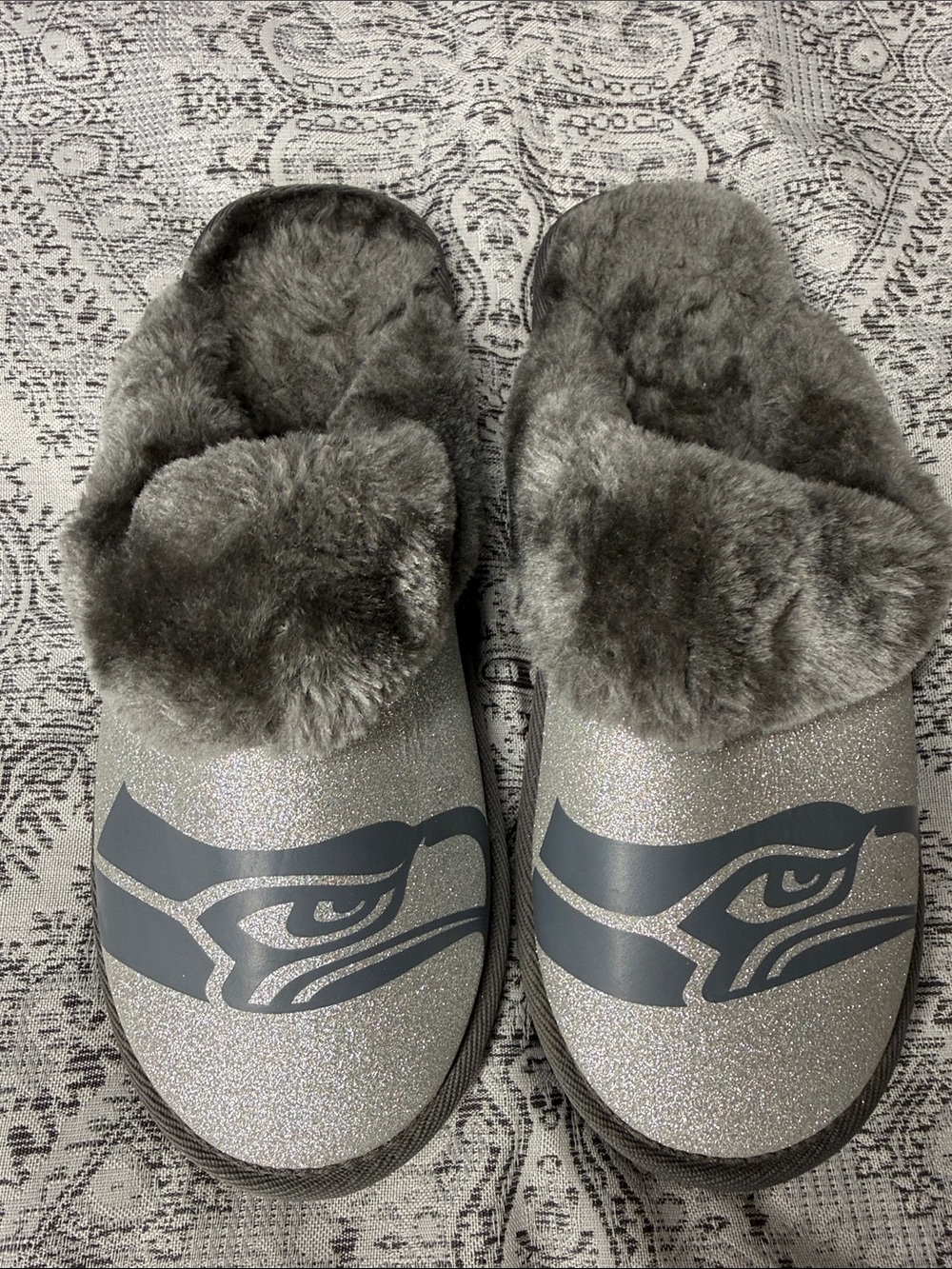 Sparkle Gray Seattle Seahawks Logo Faux Fur Lined Slippers - Large (9-10)